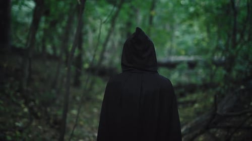 A Dark Figure in a Black Hooded Robe Walks Through the Mystical Forest