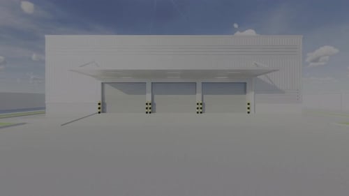 Modern white building with garage doors
