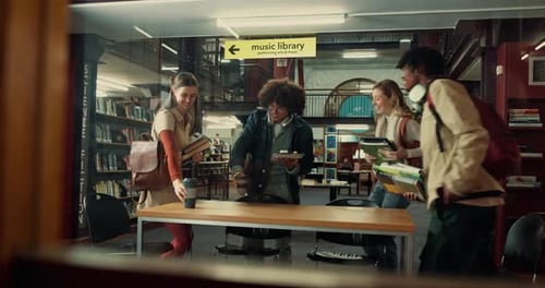 Friends, studying and students in library, talking and deadline for assignment, books and learning