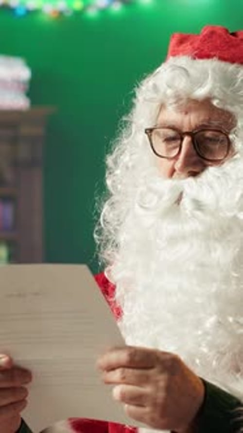 Vertical Video Portrait of Santa Claus Reads Letter From a Child Preparing for Gift Delivery