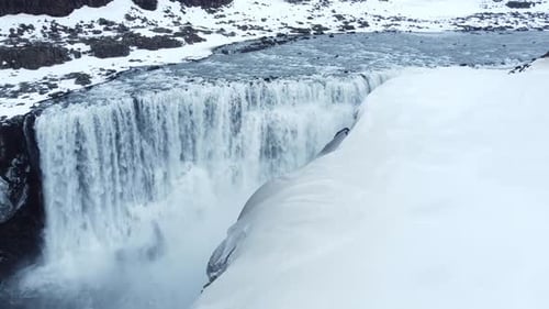 Waterfall Winter Edge Fly Over Landscape Epic Aerial Flight Around Famous Waterfall In Iceland Snow
