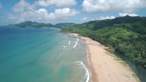 Aerial View of Tropical Sandy Beach in Bay with Blue Water Seascape with Sea Sand Palm Trees Top