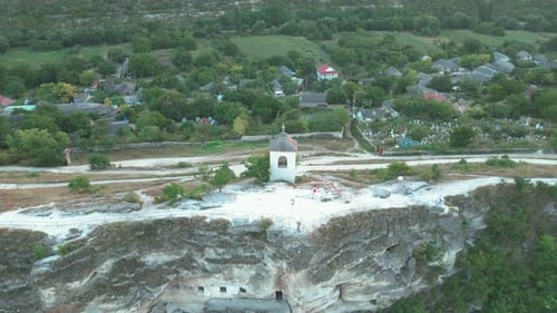 Drone Fly Over Ancient Small Church on the Top of Historical and Archaeological Complex Located in T