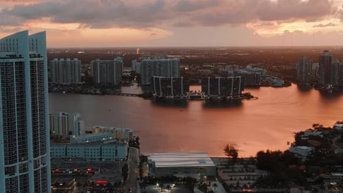 Sunny Isles Sunset, Water Front and Buildings During Sunset