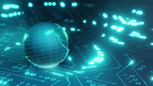 Futuristic Digital Earth Globe on Glowing Circuit Board