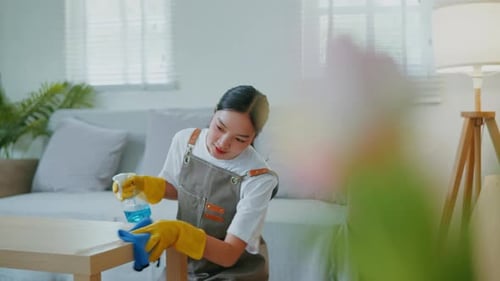 Woman Wiping Table with Cloth and Spray Bottle