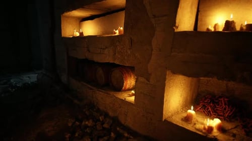 Dark Stone Dungeon Crypt with Flickering Candles and Chains
