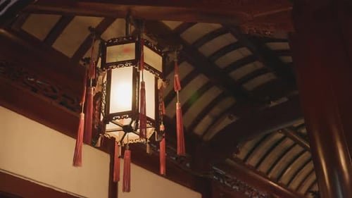 Heritageinspired Interior with Glowing Lanterns Serene Evening Scene Featuring Ancient Chinese