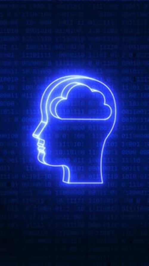 Neon Cloud Head Outline with Scrolling Binary Code Background