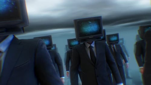 Dystopian Businessmen with Glitch TV Heads Walking