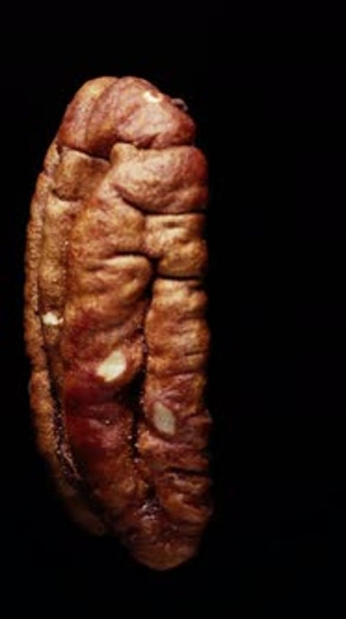 The peeled pecans are spinning. Close-up. Black background, side view. Vertical video.
