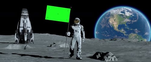 Astronaut on Moon with Green Screen Flag and Earth Background