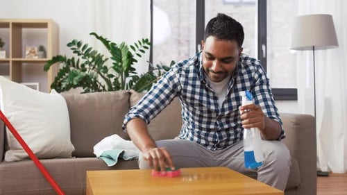 Man Cleaning Table in Living Room