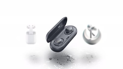 Animated rotation of earbuds, telephone headset and headphone battery. Sales of e-commerce and shop.