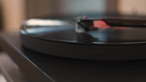 Vinyl Record Spinning on a Turntable, Close Up