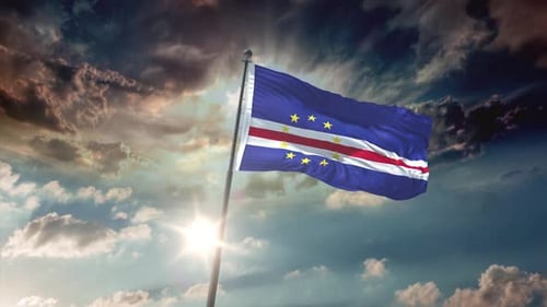 Cape Verde Flag Waving Against a Dramatic Cloudy Sky