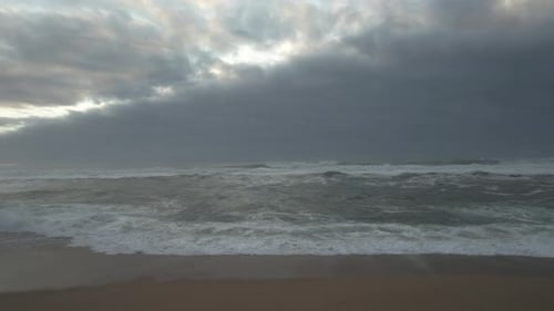 Storm Waves Crashing Sea Beach in Blue Weather Nature Background Aerial View