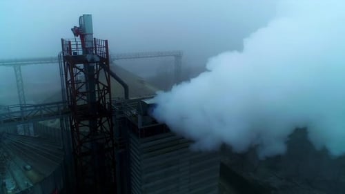 Powerful agribusiness plant for grain storage and processing. Metal tanks and high building