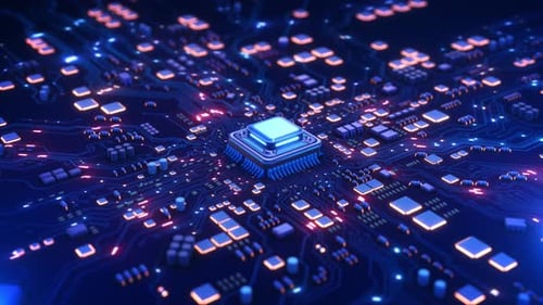 Futuristic Microchip CPU on Glowing Blue Circuit Board Processing Unit Glowing with Blue Light
