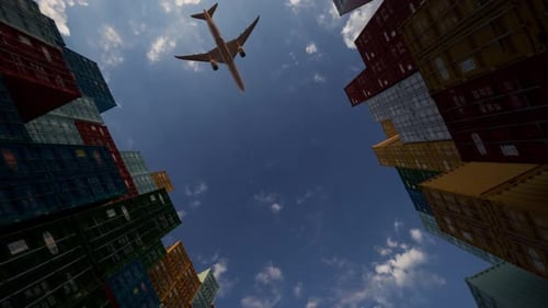 Global Logistics Cargo Plane Flying Over Shipping Containers