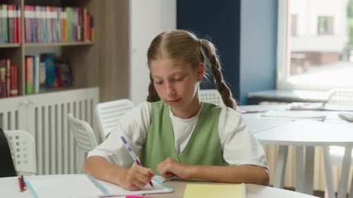 Happy Schoolgirl Portrait Caucasian Kid Teen Girl Child Daughter Studying in School Class Primary