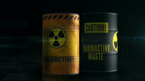 Nuclear radioactive waste barrels in row