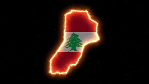 Glowing Lebanon Map with Fiery Outline and Flag
