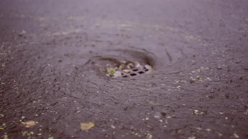 Time lapse, Swift stream of rainwater flows into storm drain, cars are driving at crossroads