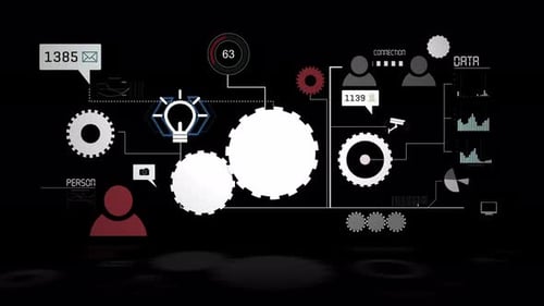 Visualización del flujo de trabajo empresarial de temática oscura que muestra engranajes interconectados y gráficos de análisis