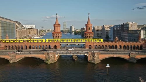 Aerial view of train crossing The Oberbaum Bridge , Berlin , Germany