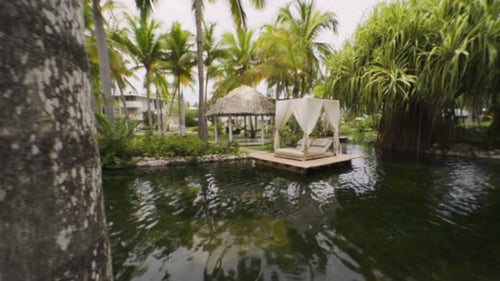 Balinese bed over the water. Green natural jungle landscape. Palm trees and green natural water,