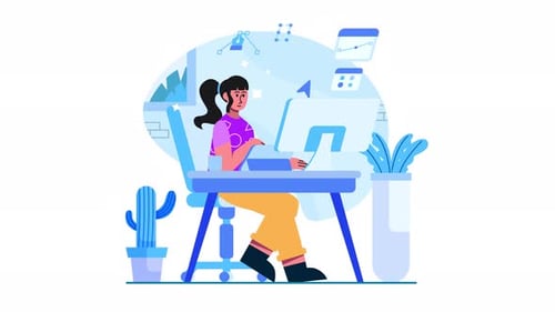 Flat Design Graphic Designer Working at Computer Animation