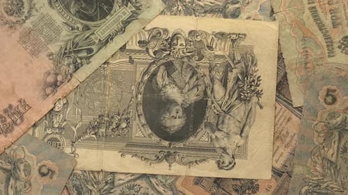 Ruble Paper Banknote From Imperial Russia Rotating background close-up