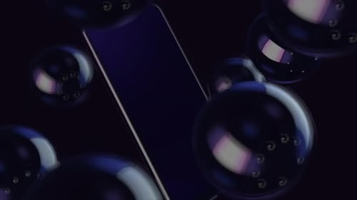 Modern Smartphone Display with Floating Glossy Spheres