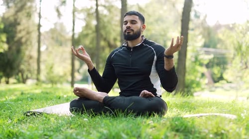 Adult bearded man meditating in the lotus position on a mat in an urban city park. Handsome male