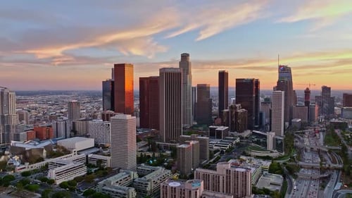 Los Angeles Skyline at Sunset Downtown Los Angeles From Drone LA Skyscrapers in Dusk with Traffic
