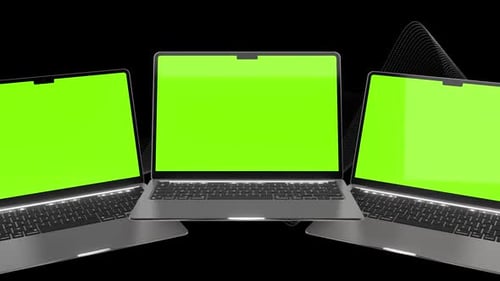 Laptop with blank screen isolated on blue background. Whole in focus.4K Template, mockup.