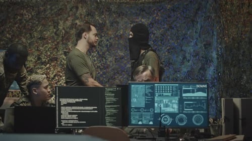 Military Man in Tactical Mask Arriving at Cyber Security Office