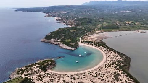 Aerial view of Voidokilia beach in Messinia, Greece