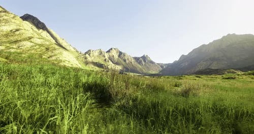 Lush Green Meadow Surrounded By Majestic Mountains Under Clear Blue Sky