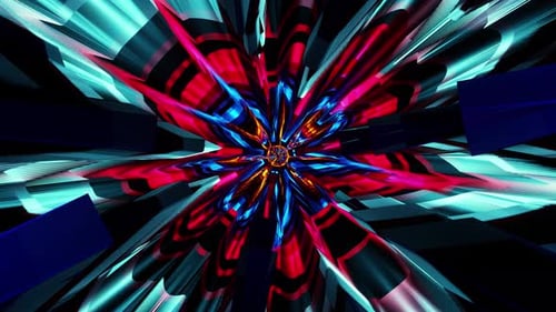 Design d'art fractal abstrait au néon, couleurs vives, tunnel numérique, rayons psychédéliques, faisceaux lumineux géométriques