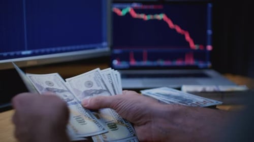 Close Up Man Trader or Businessman Counts Salary Usd Banknotes at Home with His Hands Male