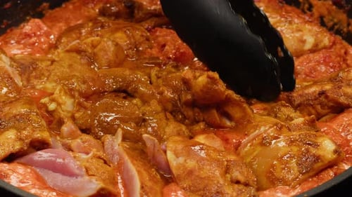 Cooking Chicken Indian Curry Tikka Masala Chicken Lamb Mutton Rogan Josh Grill Boiling on Pan Sauce