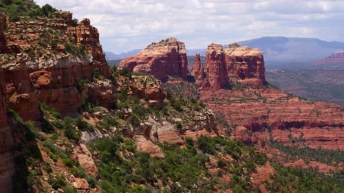 Aerial drone view of red and green cliffs in beautiful sedona Arizona