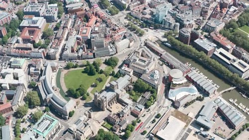 back drone shot over Central Bristol Old city Bristol cathedral