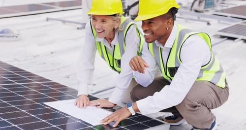 Blueprint, solar panels or engineering people planning construction or photovoltaic roof inspection