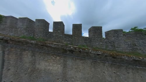 Fortress Defensive Walls on Mount Titan in San Marino. Wide Angle Slow Motion Shot.