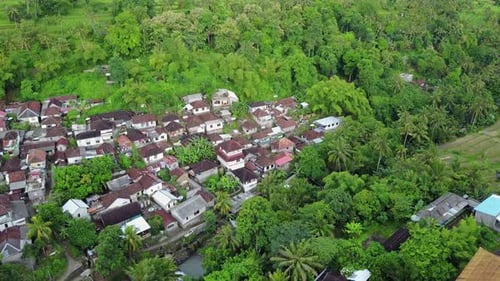 Indonesia,Ubud,Balinese village right by the rain forest,Camera moves forward slowly and flies over.