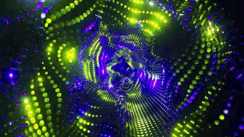 Neon dots swirl in purple and green tunnel