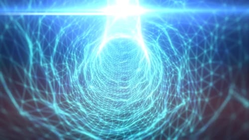 Bright cyan wireframe tunnel with lens flare and geometric network mesh